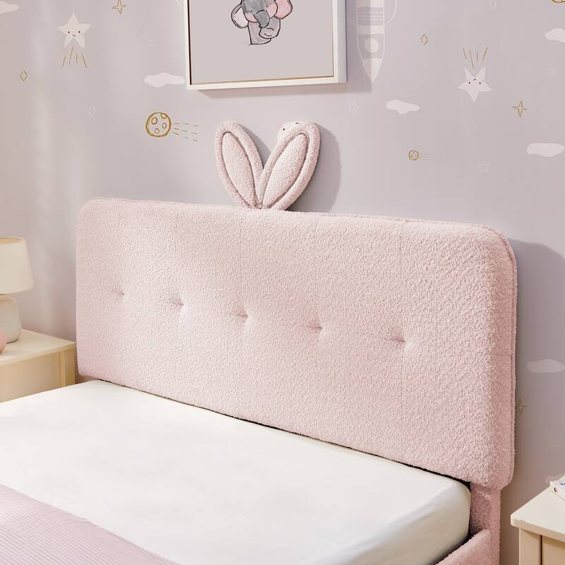 Kids Boucle Upholstered Bed with Rabbit Ear Headboard, LED Music Sync & 4 Drawers