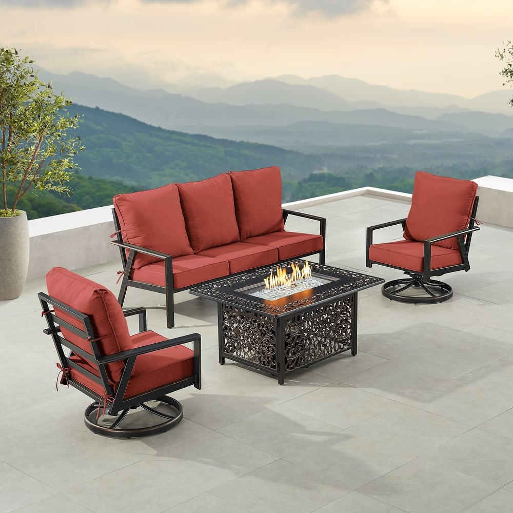 Black Aluminum Fire Table Set with Sofa and Two Club Chairs