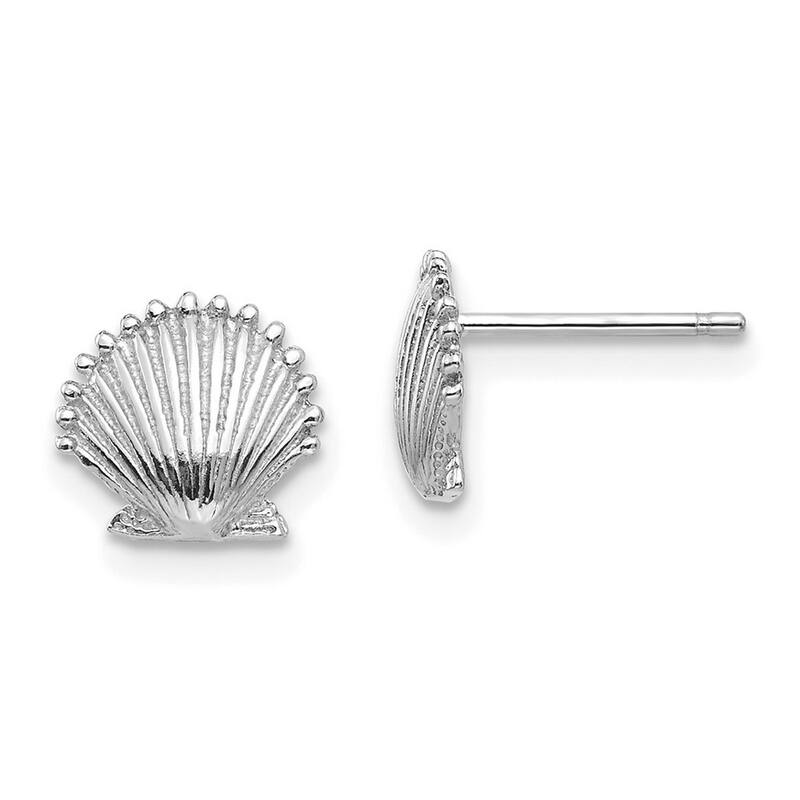 Curata 14k White Gold White Scallop Shell With Beaded Tips Post Earrings - 8.02x8.51mm