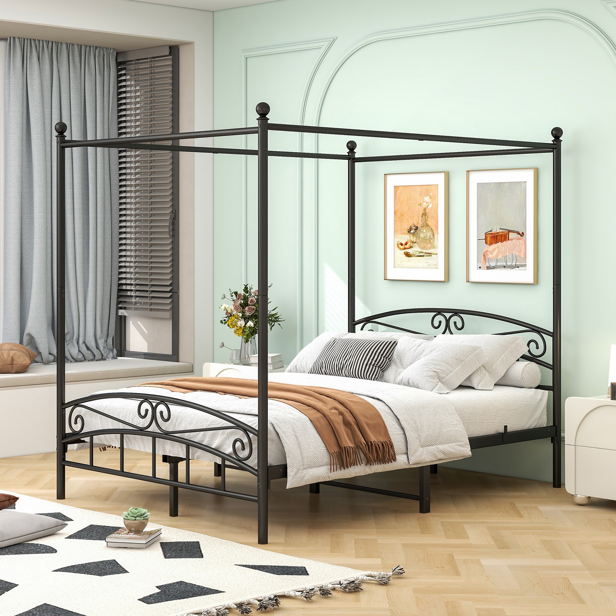 Queen Size Black Metal Canopy Bed Frame - with Headboard & Footboard