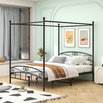 Queen Size Metal Canopy Bed Frame, Heavy Duty Steel Slats Support, Queen Size Platform Bed Frame with Four Poster Design