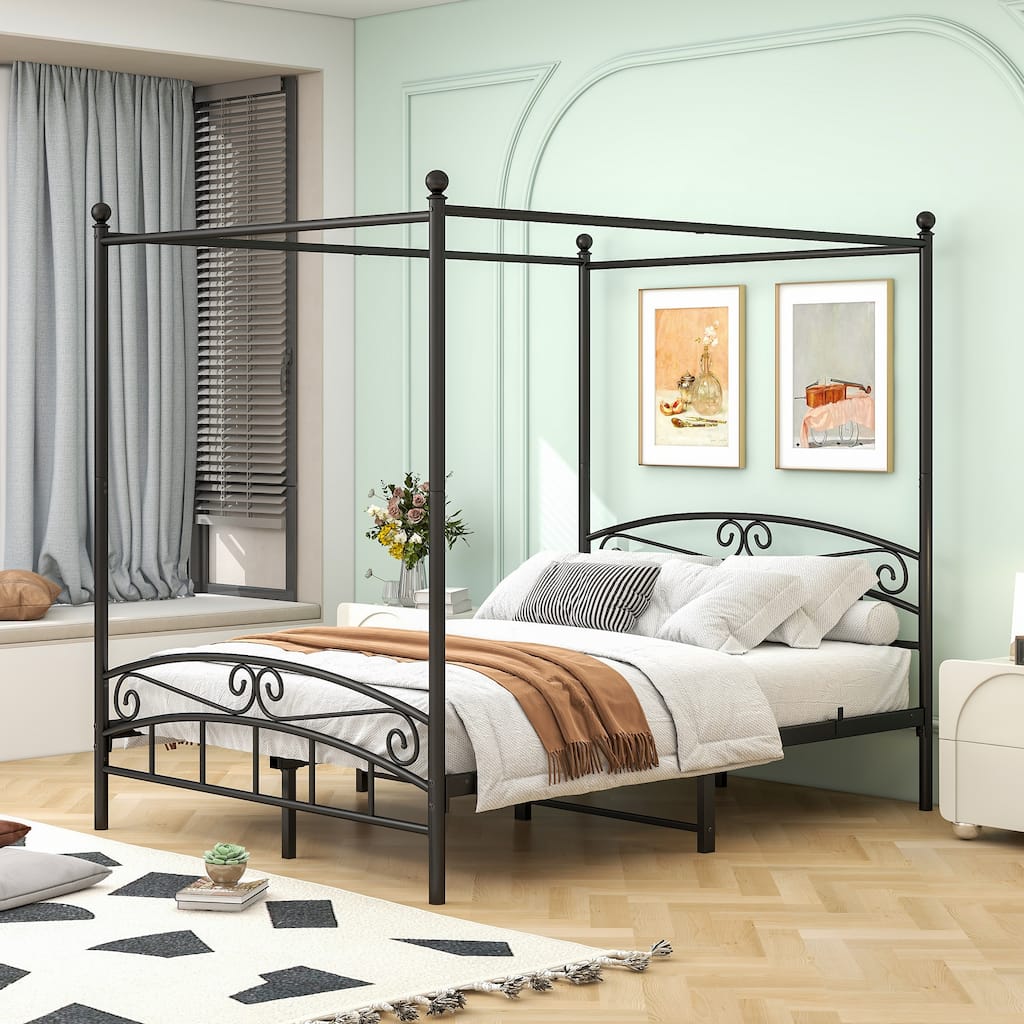 Queen Size Metal Canopy Bed Frame, Heavy Duty Steel Slats Support, Queen Size Platform Bed Frame with Four Poster Design