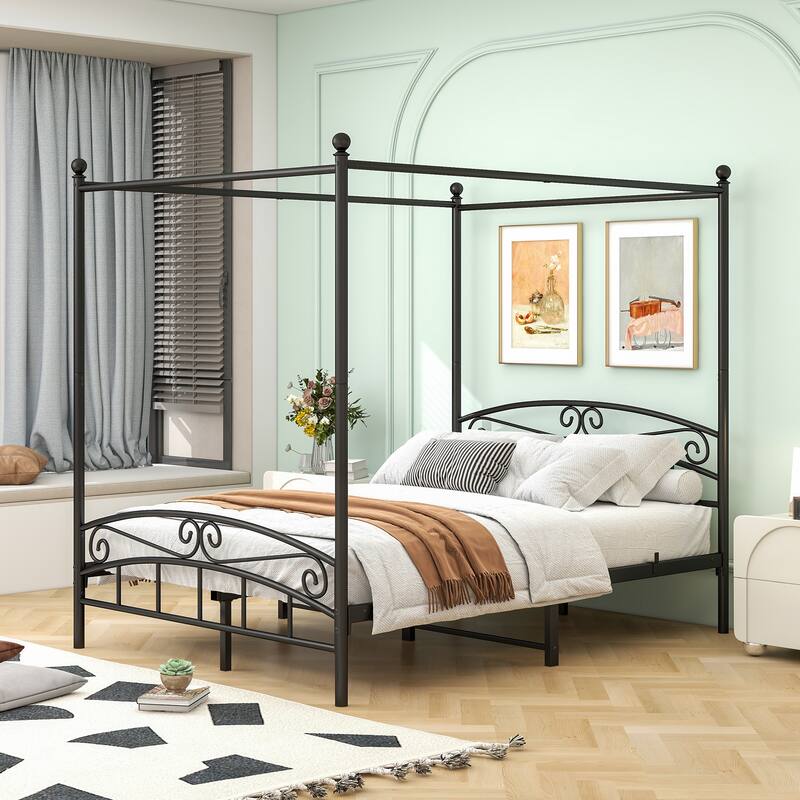 Queen Size Metal Canopy Bed Frame with Headboard and Footboard Black