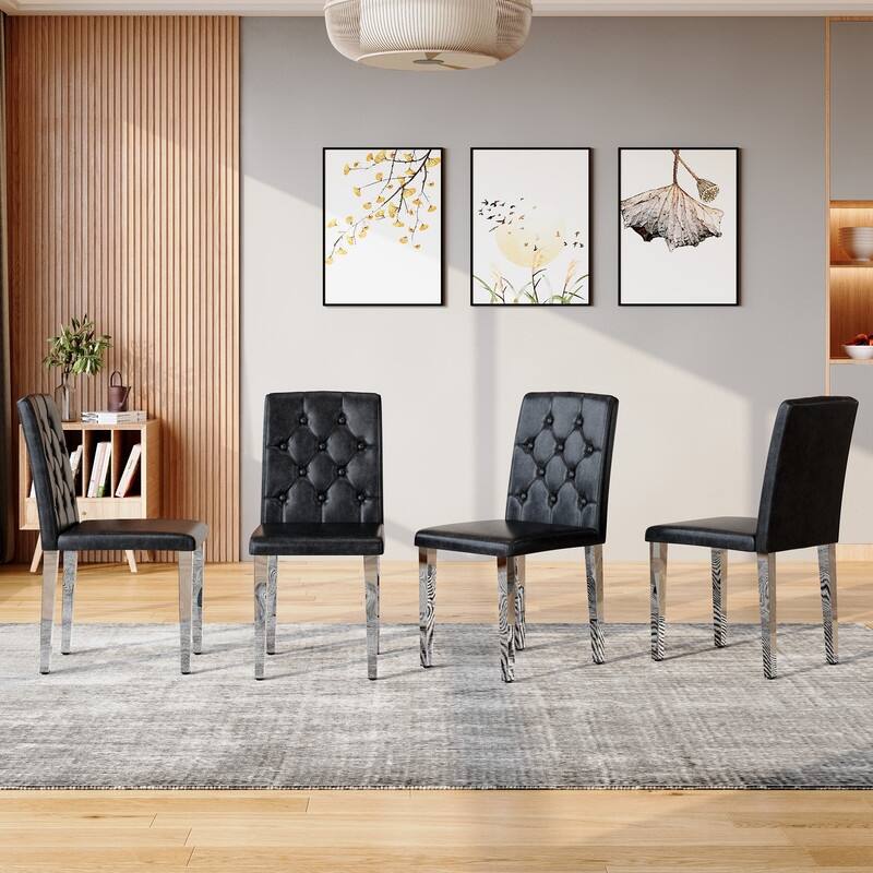 4-Pack Modern PU Dining Chairs with Ergonomic Buckle Backrest, Silver Metal Legs - Comfort & Style for Home & Commercial Use