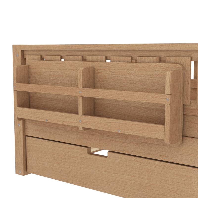 Full/Twin Size Wood Bed with Built-in Bookshelves and Storage Staircase, Safety Rails and Trundle Bed