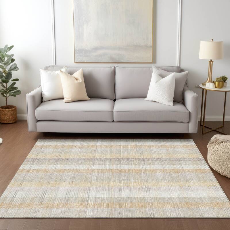 Machine Washable Indoor/ Outdoor Modern Plaid Chantille Rug