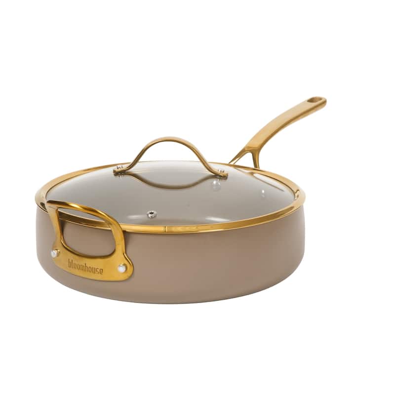 Bloomhouse Pots and Pans Heavy Duty Aluminum Premium PFA Free Ceramic Nonstick - Cappucino Cream with Gold Handle