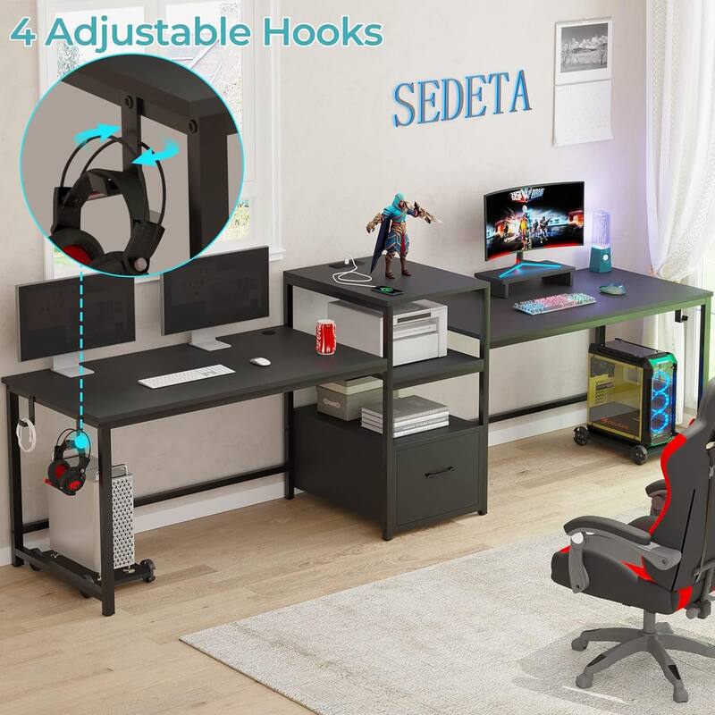 Two Person Double Computer Desk LED Gaming Desk 2 Storage Shelves