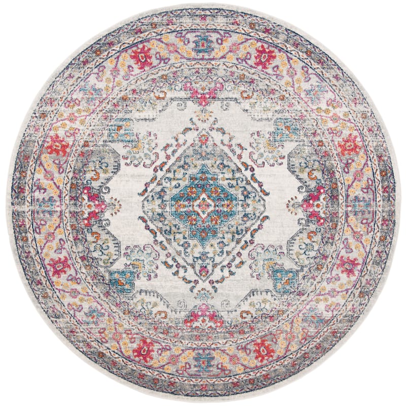 SAFAVIEH, Evoke Seniha Vintage Boho Medallion Rug - 6'7" Round - Cream/Fuchsia