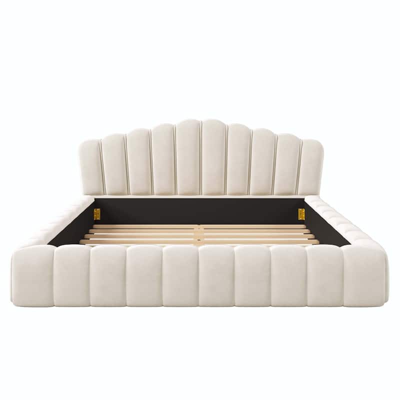 Velvet Upholstered Queen Bed Frame with Shell-Shaped Headboard - Beige