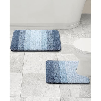 Large 2 Piece Navy Blue Ombre Microfiber Soft Thick Plush Bath Mat Set