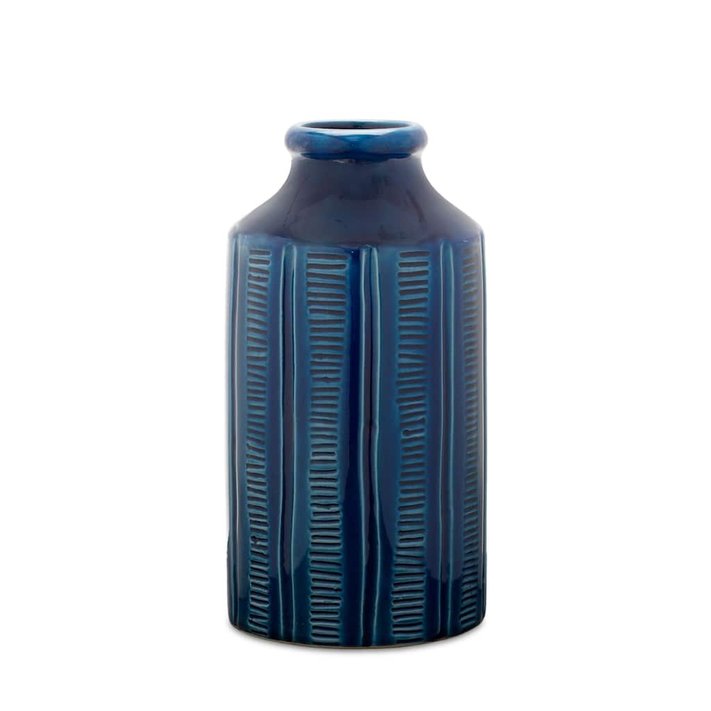 Etched Terracotta Vase - 10" - Blue