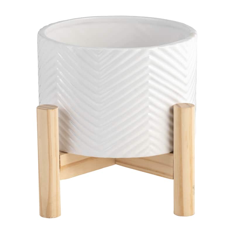 Ceramic Planter Trendy White Planter Elevated on Wooden Stand with Chevron Design For Indoor or Outdoor Plants