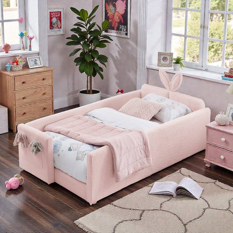 Twin Size Upholstered Platform Bed with Rabbit Ear Headboard, Kids Boucle Fabric Bed Frame with Safety Rail and Pocket