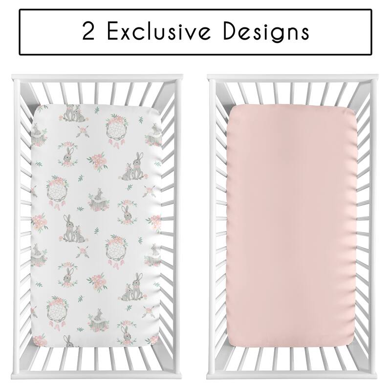 Sweet Jojo Designs Woodland Bunny Floral Girl 2 Pack Fitted Crib Sheets - Solid Pink & Shabby Chic, Boho, Watercolor Rose Flower
