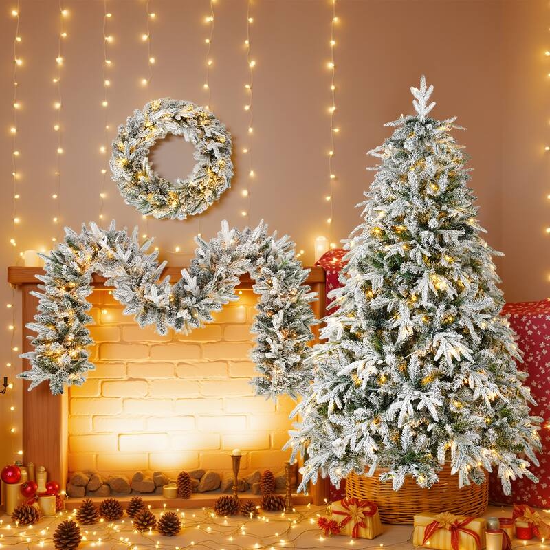 Xmas Snow Garland and Snow Xmas Tree, 3 Pac Snowy Flocked Christmas Decor with LED Lights,9ft Flocked Garland,6ft Flocked Tree