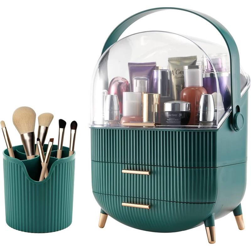 Makeup Organizer,Cosmetics Display Case With 2-Layer Storage Box - 11.2*7.2*14.5in, - Green A