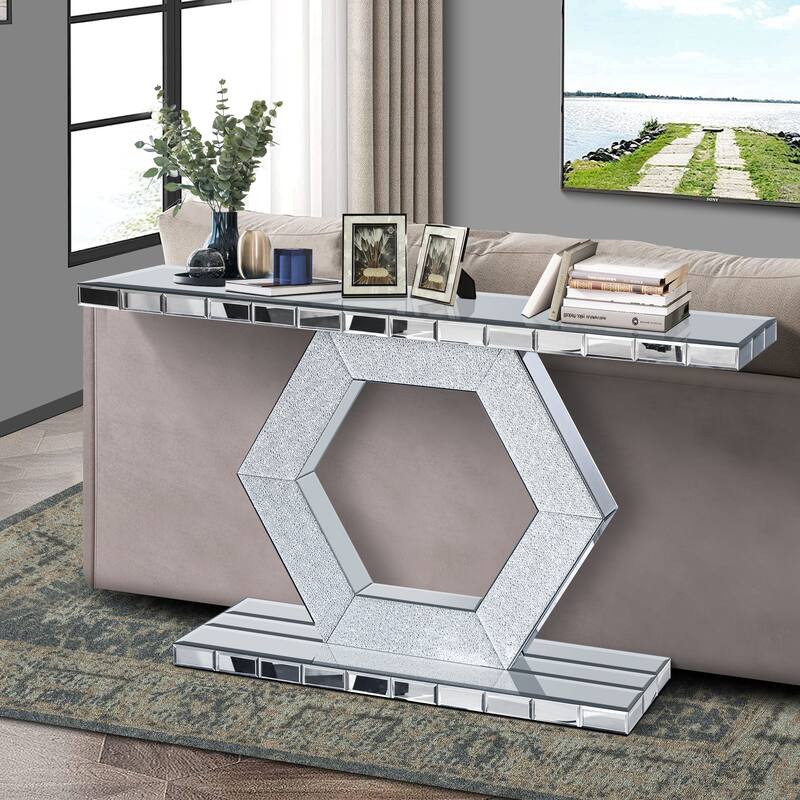 54.9" Modern Crystal Hexagon Mirror Console Table with Diamond Glass Effects - Silver