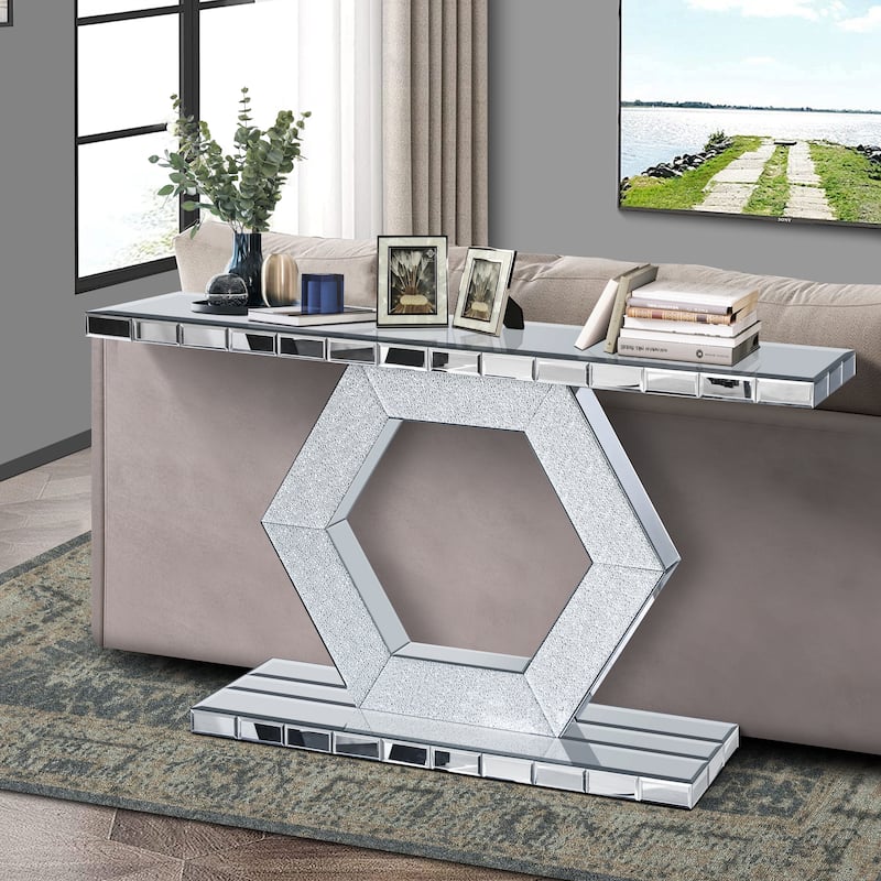 Sparkling Crystal Hexagon Mirror Entryway - Premium Modern Foyer Console Table, Dual-Tier Luxury Sofa Table