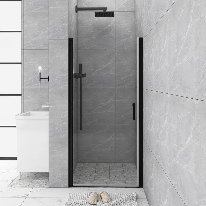 30/32/34/36 Inch Semi-Frameless Pivot Shower Door with Clear Tempered Glass - 34'' x 72'' - Matte Black