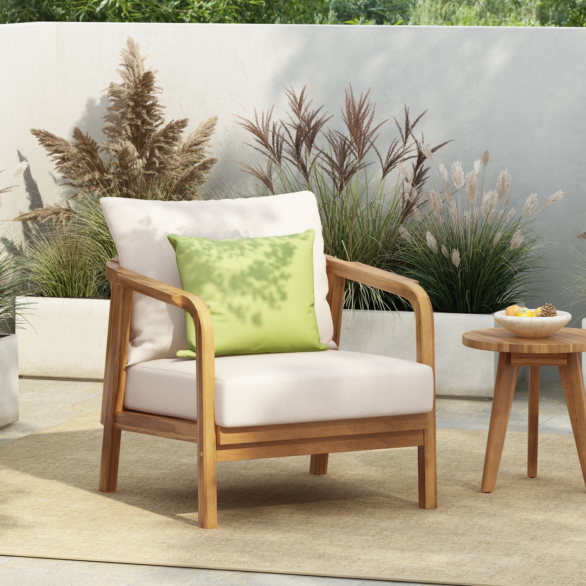 Roomfitters Teak-Finished Outdoor Lounge Chair, Woven Backrest, Solid Wood Patio Armchair, Modern Padded Garden Seat