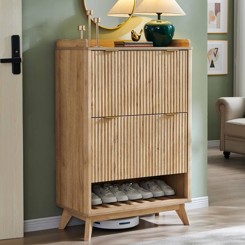 Fluted Shoe Storage Cabinet, Deep Shoe Organizer, Wooden Shoe Rack - Natural Oak