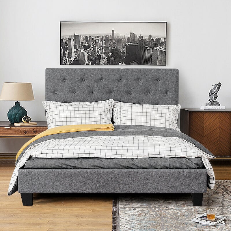 Gymax Full Size Upholstered Panel Bed W/Linen Panel Headboard - Grey - Full