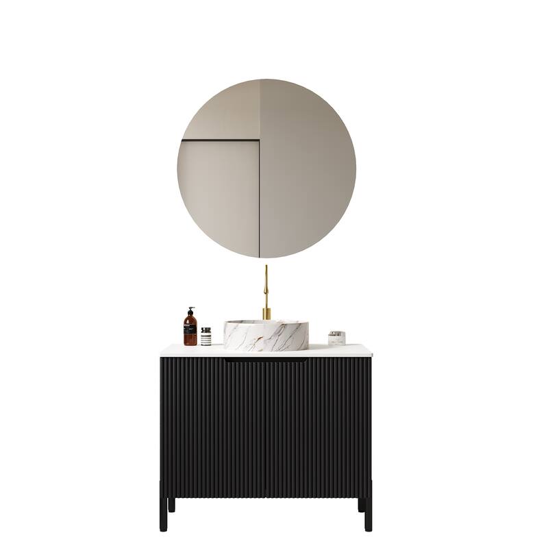 Stylish Striped Double Doors Storage Cabinet Bathroom Vanity with Round Stone Pattern Ceramic Basin and Carrara White Countertop