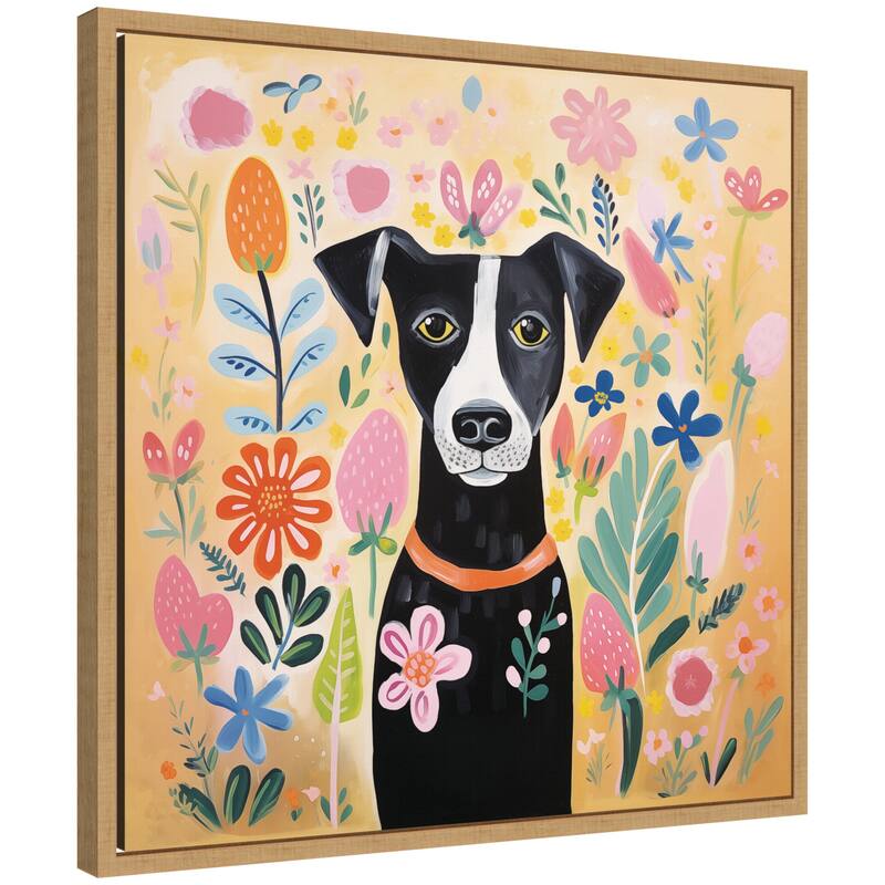 Kate and Laurel Sylvie Black and White Dog Botantical Yellow Framed Canvas by The Creative Bunch Studio - 22x22 - Brown