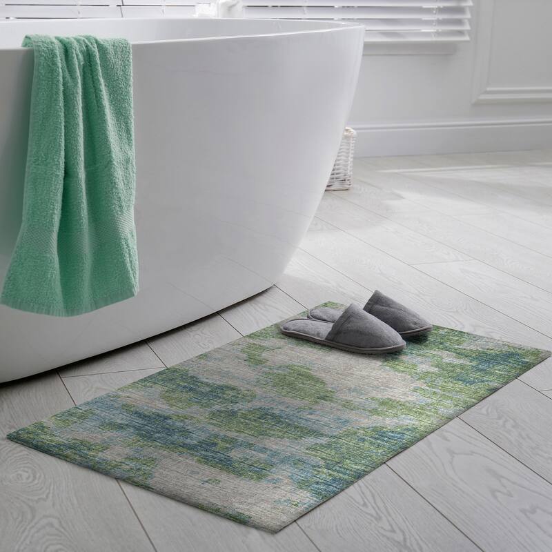 Indoor/ Outdoor Accord Modern Waves Washable Rug New - 1'8" x 2'6" - Green Teal Denim