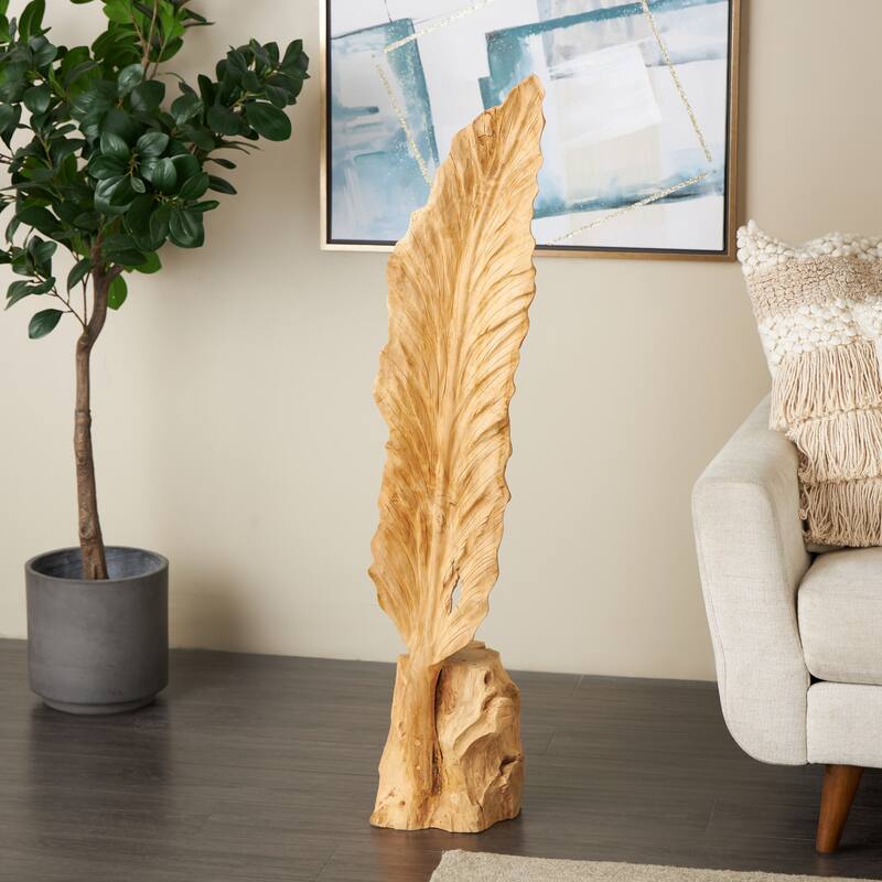Teak Wood Leaf Live Edge Floor Sculpture with Tree Stump Base - Brown - Roche River Decor - 10"W x 9"L x 46"H