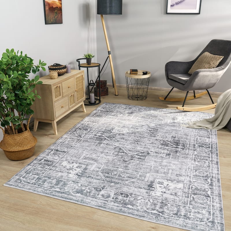 Modern Area Rug Bordered Classic Design in Vintage Look - grey - 5'3" x 7'3"
