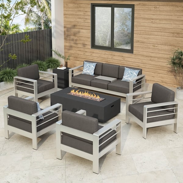 slide 2 of 31, Cape Coral Outdoor 7-piece Chat Set with Fire Table by Christopher Knight Home Grey+DarkGrey