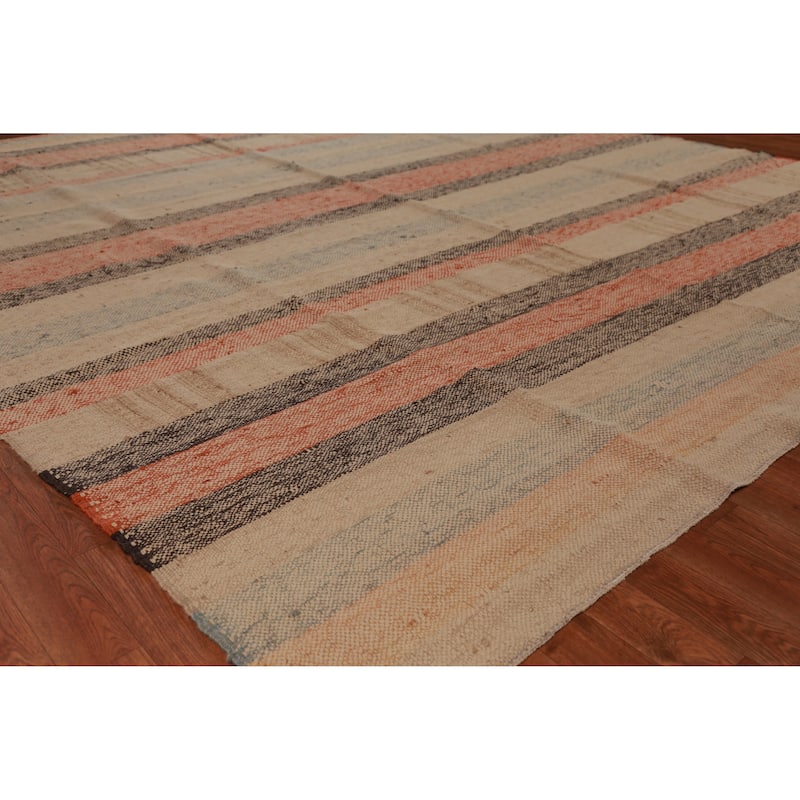 Hand Woven Oriental 100% Jute Carpet Modern Stripe Beige & Ivories Kilim Area Rug - 10' 0'' X 8' 9''