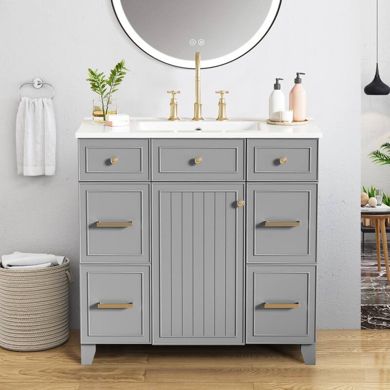 36" Bathroom Vanity with Ceramic Sink,Solid Wood Frame - Grey