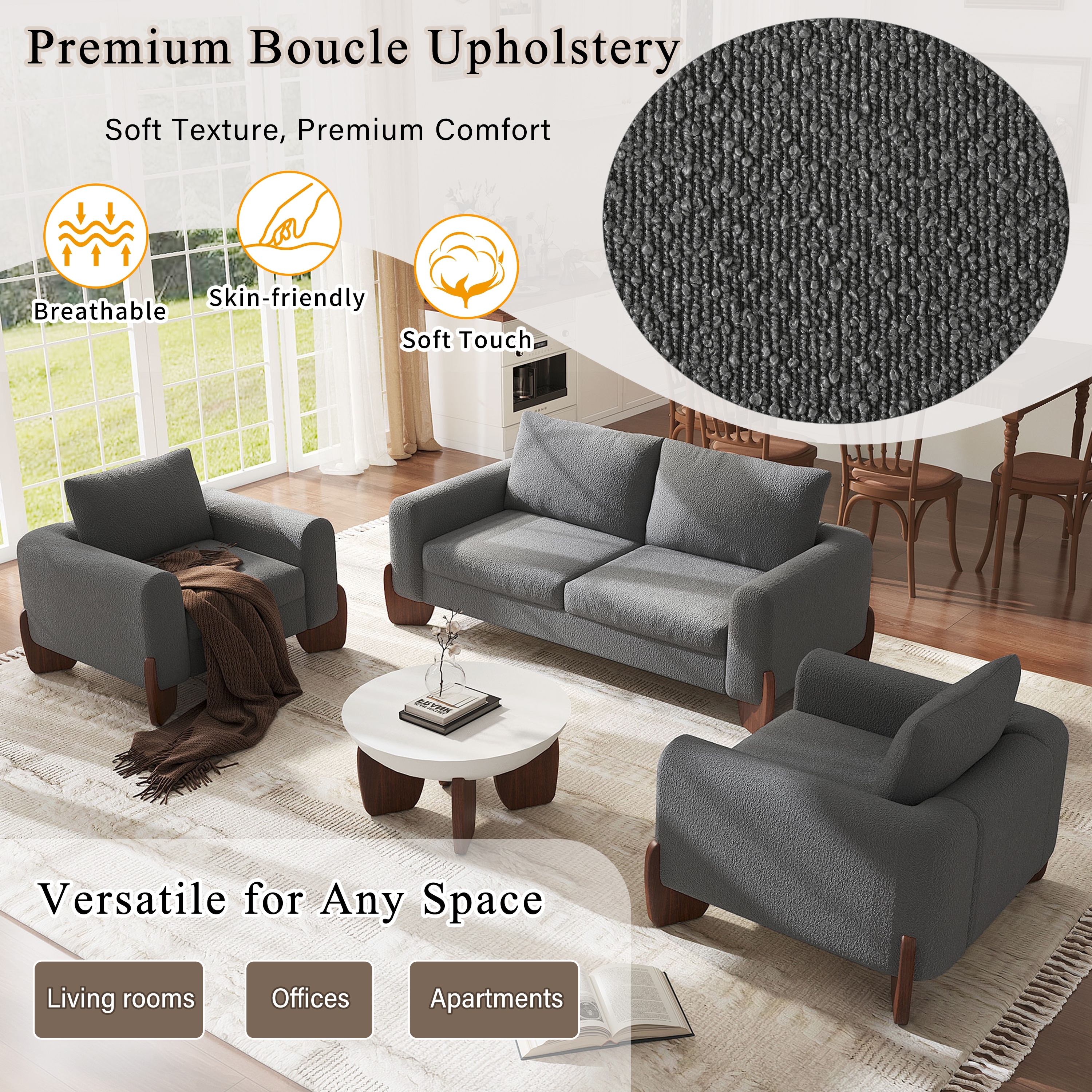 Modern 3-Piece Living Room Sofa Set,1 Loveseat & 2 Armchairs,without Coffee Table