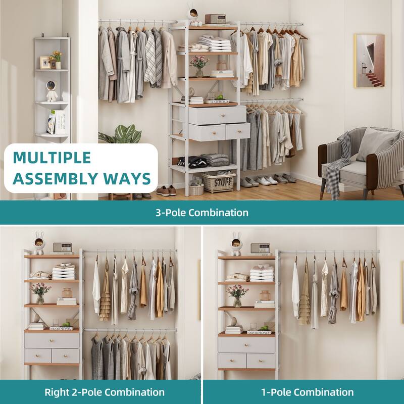 Wall-Mounted Clothing Storage Rack Multi-Functional Closet Organizer System with Adjustable Rods and Shelves