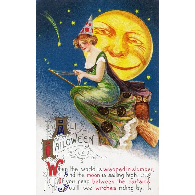 Shop All Halloween Witch On A Broom By Full Moon Scene Vintage Holiday Art Art Print Multiple Sizes Available Overstock 16009509