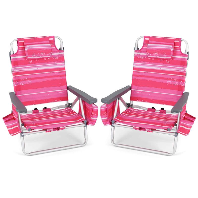 Set of 2 Backpack Beach Chair 5-Position Lay Flat Beach Chairs - Dark Pink