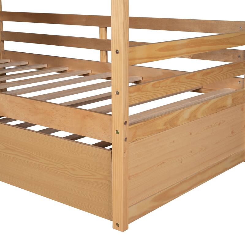 Twin House Bed with Trundle, Roof & Windows