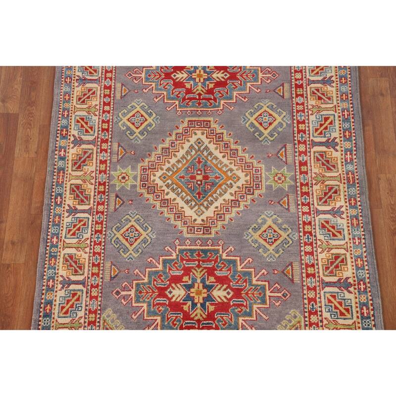 Grey Geometric Kazak Area Rug Handmade Oriental Wool Carpet - 4'1" x 6'2"