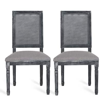 Roco Dining Chair Set of 2, Cane Backrest and Fluted Legs, Gray Fabric
