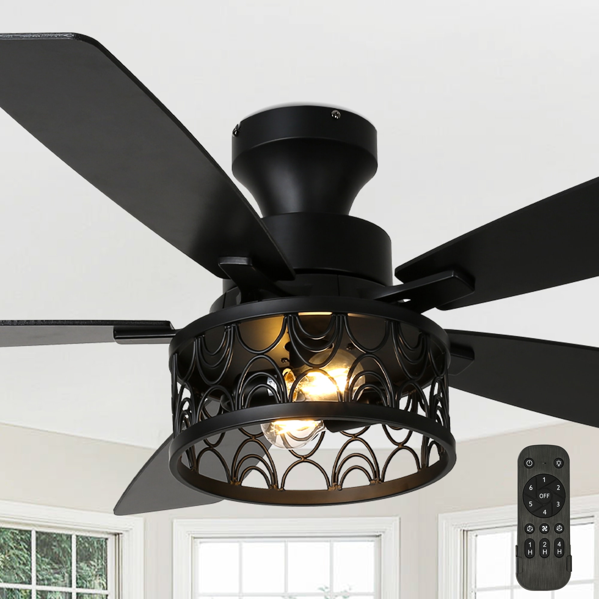 Cusp Barn 52-In Farmhouse Flush Mount Ceiling Fan with Lights and Remote Control, Black Caged Low Profile Chandelier Ceiling Fan