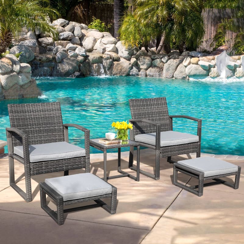 5-Piece Patio Wicker Chat Set with Armchairs, Ottomans and Side Table - Light Grey