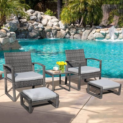 5-Piece Patio Wicker Chat Set with Armchairs, Ottomans and Side Table