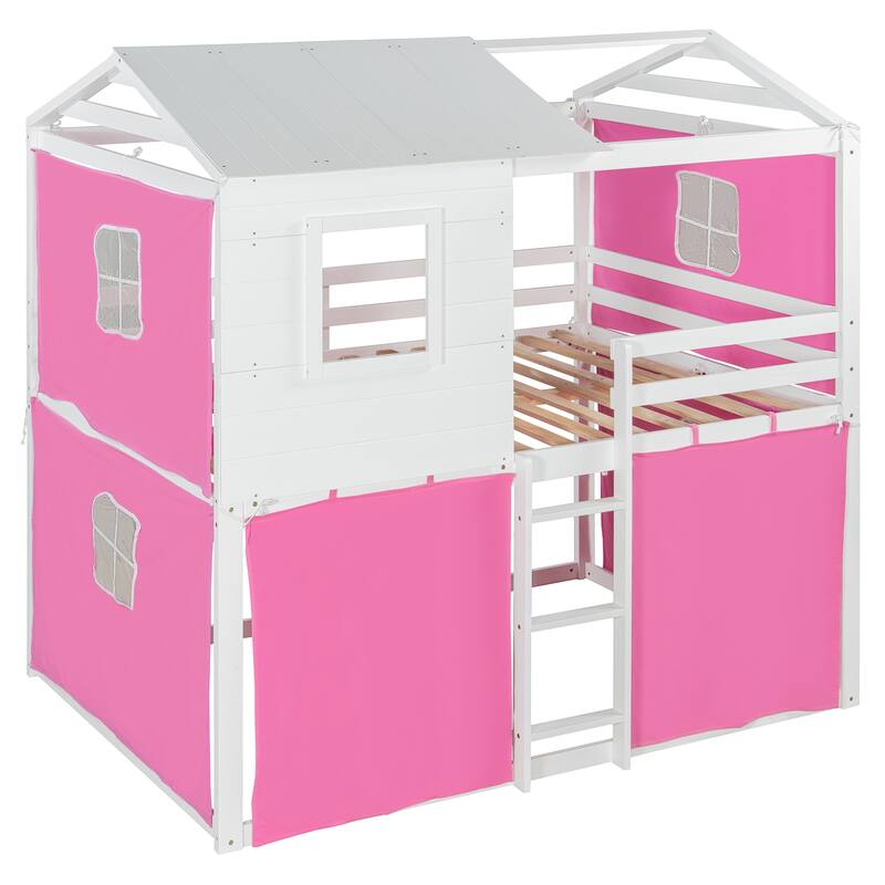 Playhouse Bed Floor Bunk Bed Kids Loft Bed with Tent