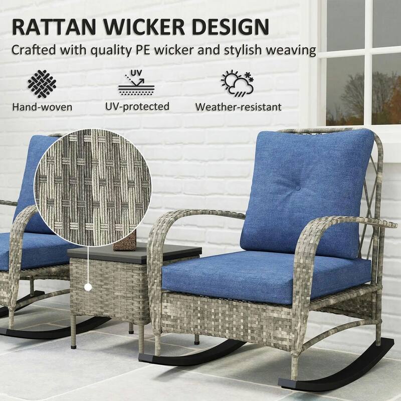 3-Piece Wicker Patio Set with Rocking Chairs, Glass-Top Coffee Table