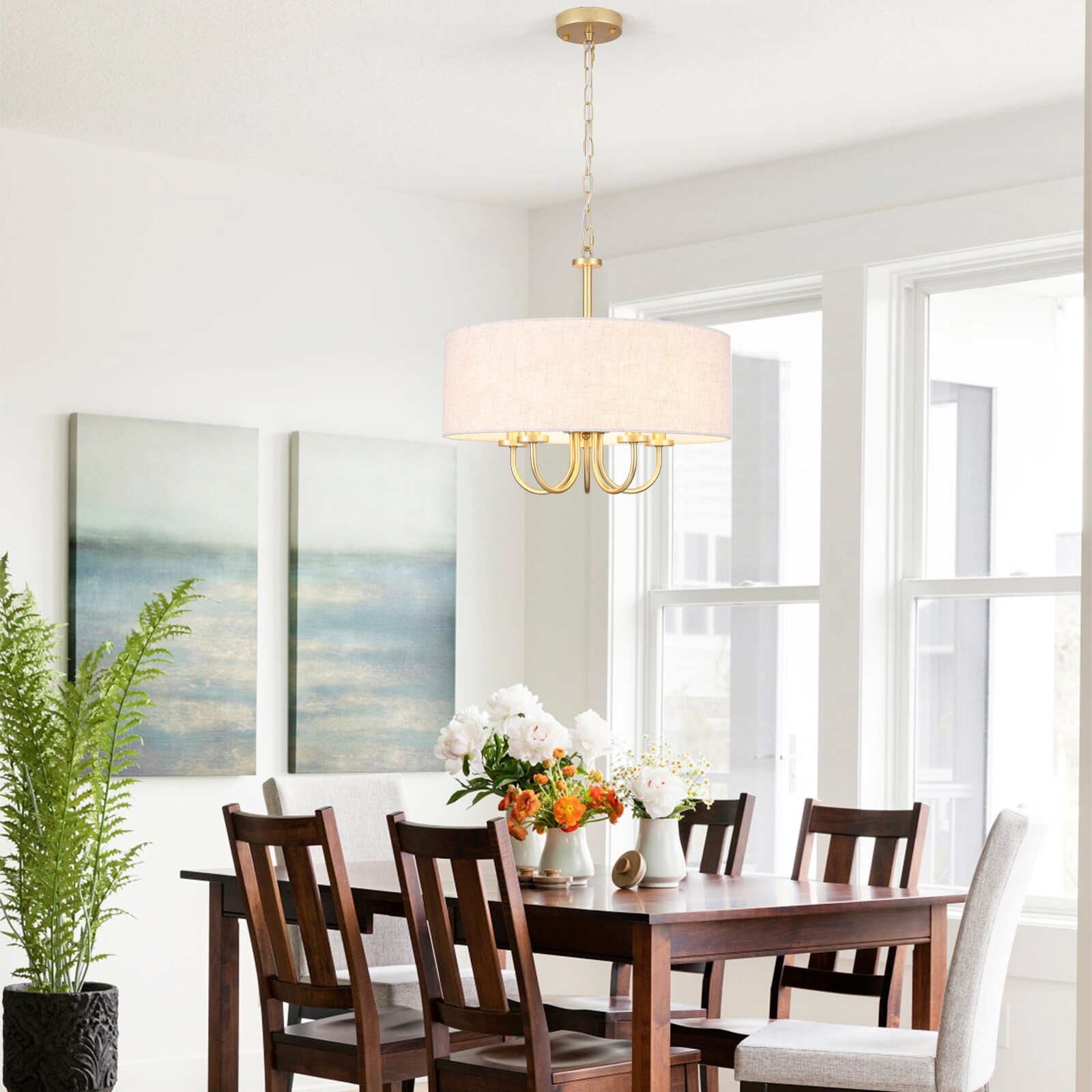 Modern Farmhouse Drum 5 Light Transitional Chandelier Classic Semi Flush Mount Chandelier for Dining room W19.09 x H15.19