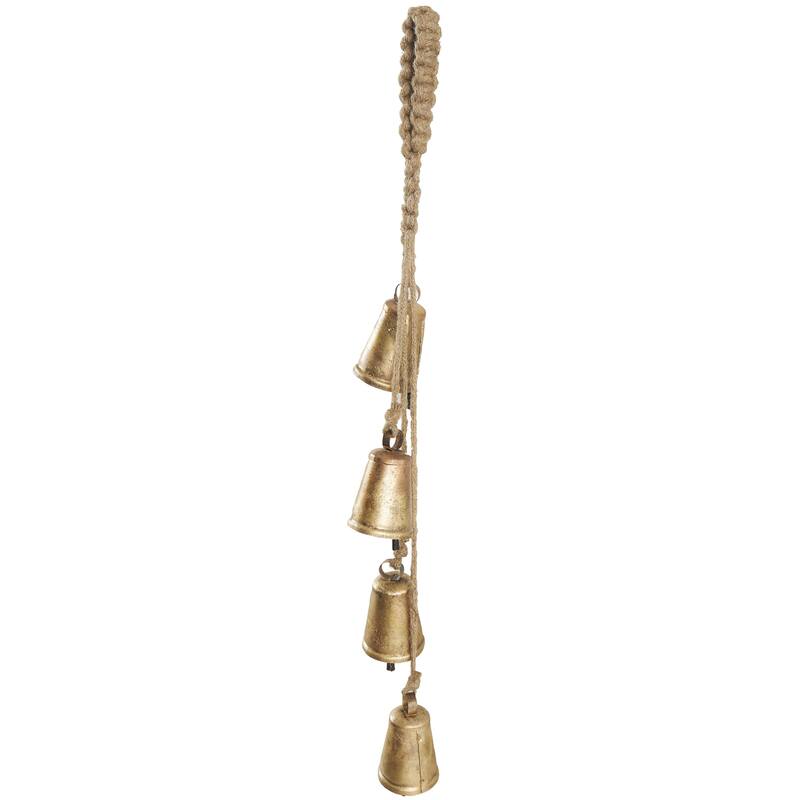 Metal Tibetan Inspired Indoor Outdoor Decorative Cow Bells with 4 Bells on Jute Hanging Rope - Gold - Roche River Decor