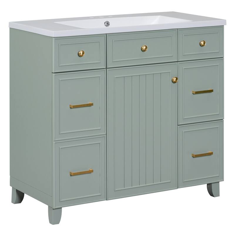 36" Black Bathroom Vanity Cabinet with Single Sink, Soft-Close Door, 3 Drawers, Waterproof Resin Sink